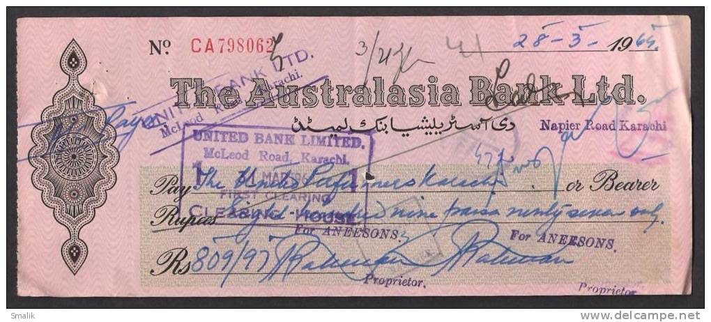 PAKISTAN, The Australasia Bank Cheque 1964 Napier Road Karachi - Bank & Insurance