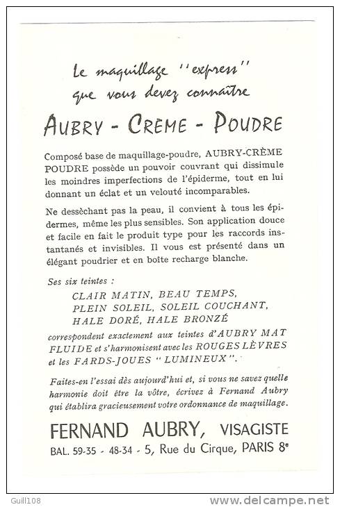 Feuillet Simple Publicitaire Fernand Aubry Visagiste Aubry Rue Du Cirque Paris Crème Poudre Illustrateur Job A17-20 - Publicidad