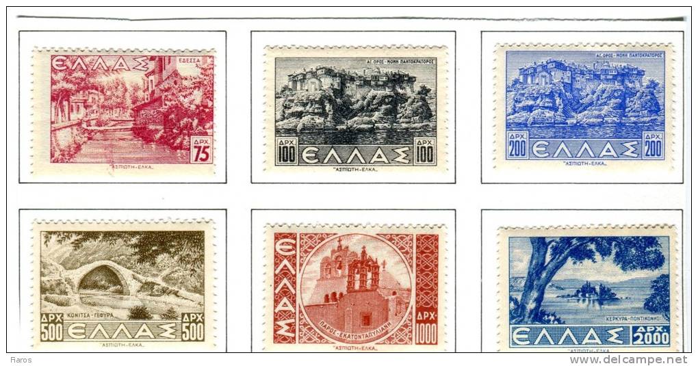 1942/44-Greece- "Landscapes"- Complete Set Mint Hinged On Album Fragments - Unused Stamps