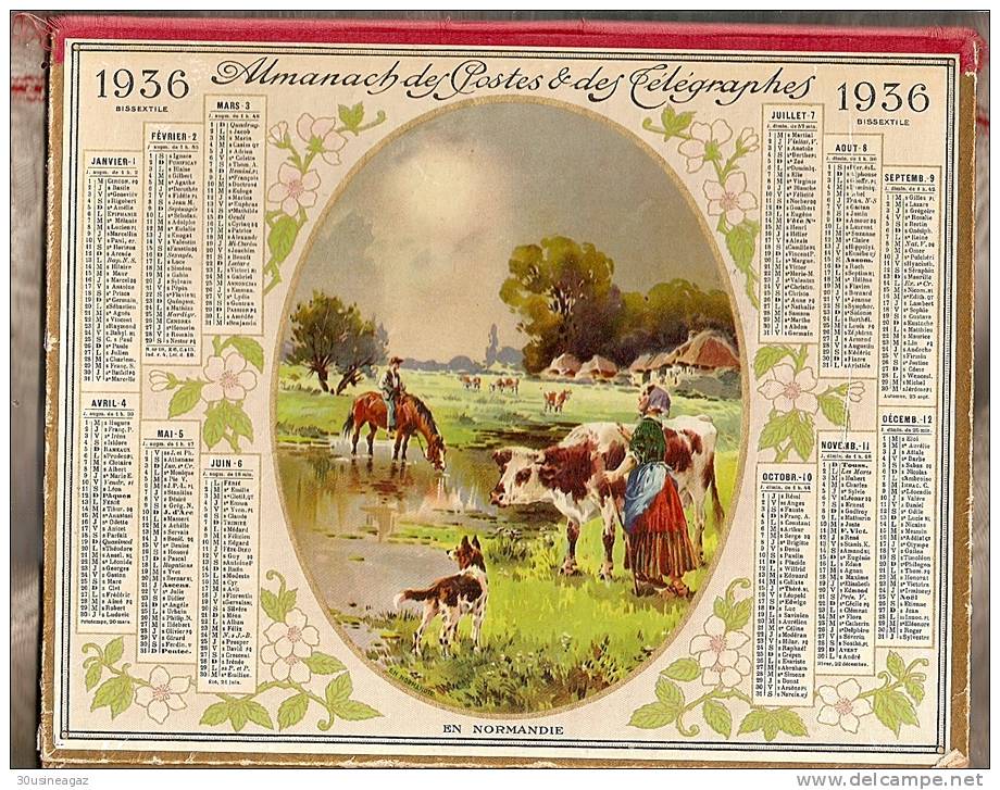 Calendrier 1936, Almanach Des PTT,postes, En Normandie ,26,5 X 21 Cm.departement 26 - Big : 1921-40