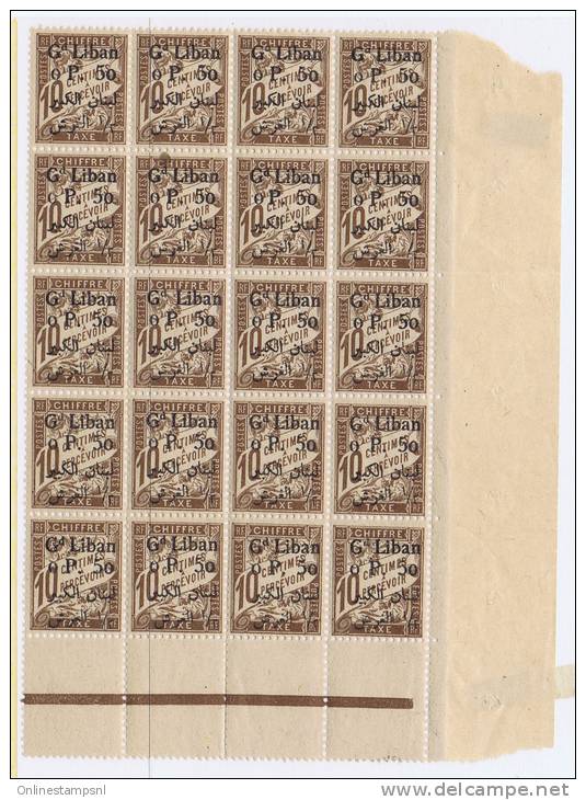 Grand Liban: Timbres-Taxe 1924 ,   Nr 6 MNH Neuf **,  Coin De Feuille, Charniere Sur La Bande, 20 Timbres - Segnatasse