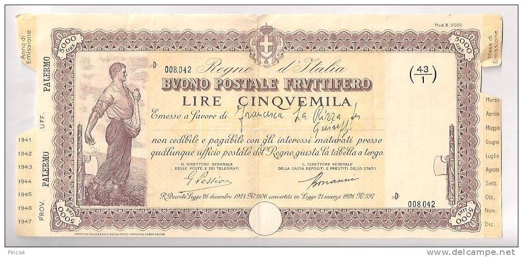 BUONO POSTALE FRUTTIFERO LIRE 5000 SERIE -  D - EMESSO A PALERMO IL 31 - 3 - 1941 - Altri & Non Classificati