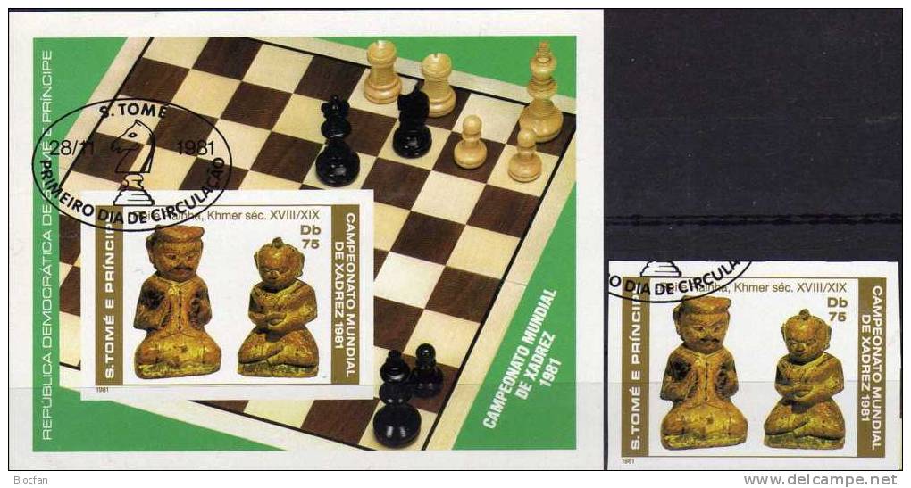 WM Schach Italy 1981 St.Thomas-/Prinzen-Insel 711+Block 60 O 63&euro; Imperf.Schachfigur Bloc Ss Chess Sheet Bf Sao Tome - Non Classés