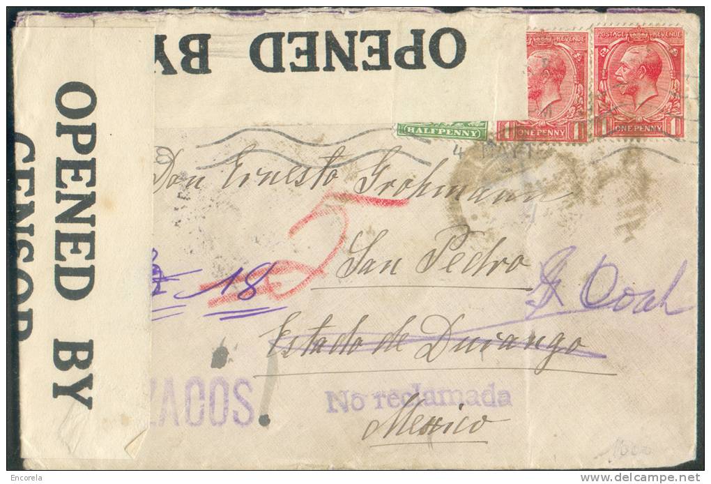 N°139-140(2) Obl Mécanique De LONDON S/L. De Juillet 1918 Vers San Pedro (Mexico) (Mexique - Etat De Durango) Bandes De - Storia Postale