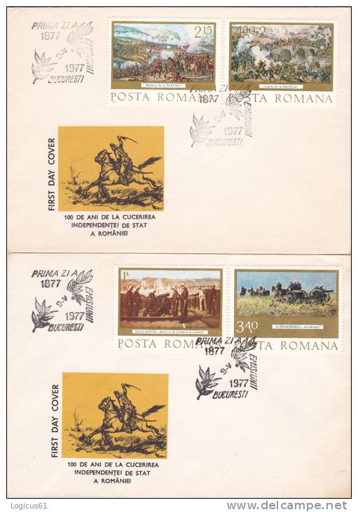 ROMANIA: 100 Years Of The Conquest Of Independence, FDC,1877 - 1977, N. Grigorescu "Artileristii" And "Battle Of Plevna" - 1858-1880 Moldavie & Principauté