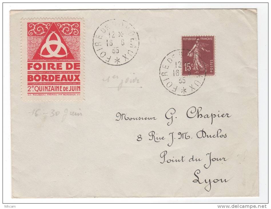 BT FOIRE DE BORDEAUX 1935 + VIGNETTE EXPO Du 16/6/35 (1er Jour) TTB Bureau Temporaire - Briefmarkenmessen