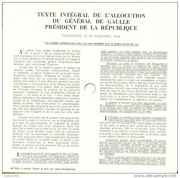 GENERAL DE GAULLE Allocution Du 20/12/1960 - Altri & Non Classificati