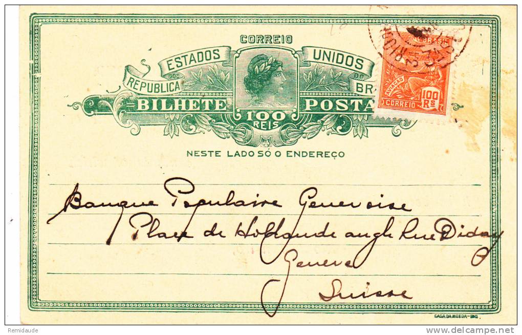 BRESIL - ENTIER POSTAL - 1926 - CARTE POSTALE Avec REPIQUAGE PRIVE De "BANK OF LONDON" De RIO Pour GENEVE (SUISSE) - Interi Postali