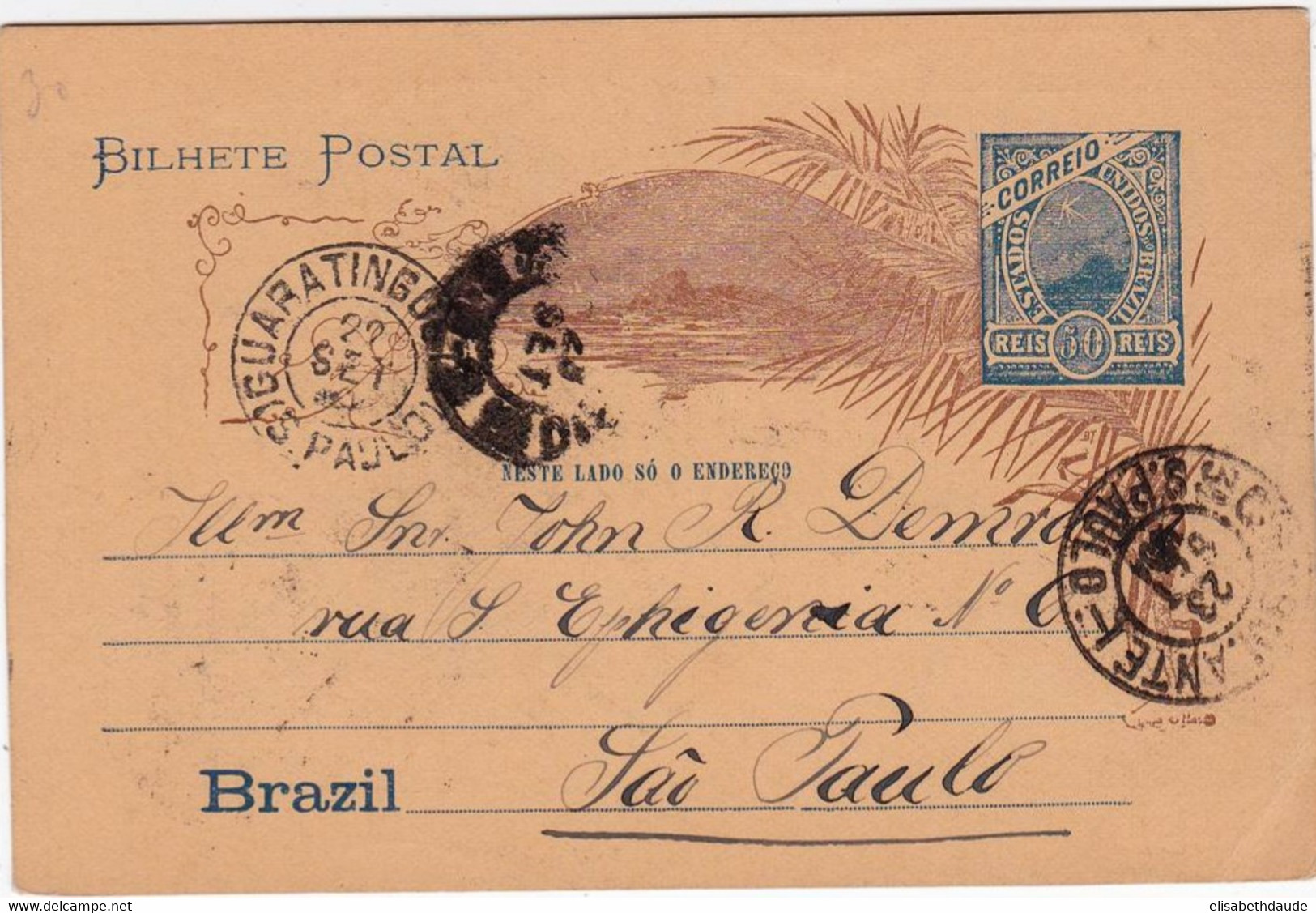 BRESIL - ENTIER POSTAL - 1904 - CARTE POSTALE De GUARATINGUETA Pour SAO PAULO - Interi Postali