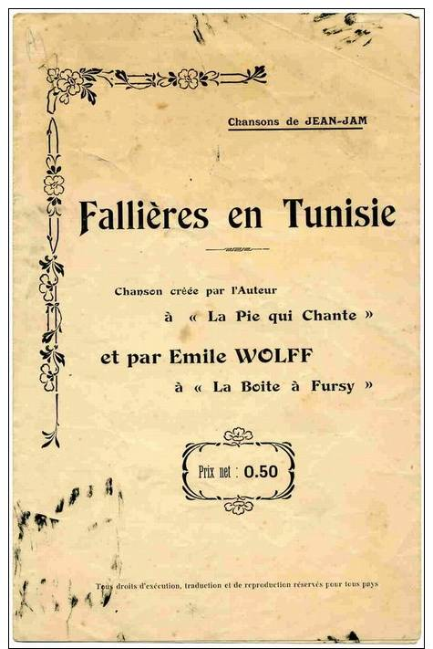 PARTITION - FALLIERES EN TUNISIE  -  CHANSON DE JEAN JAM - Chansonniers