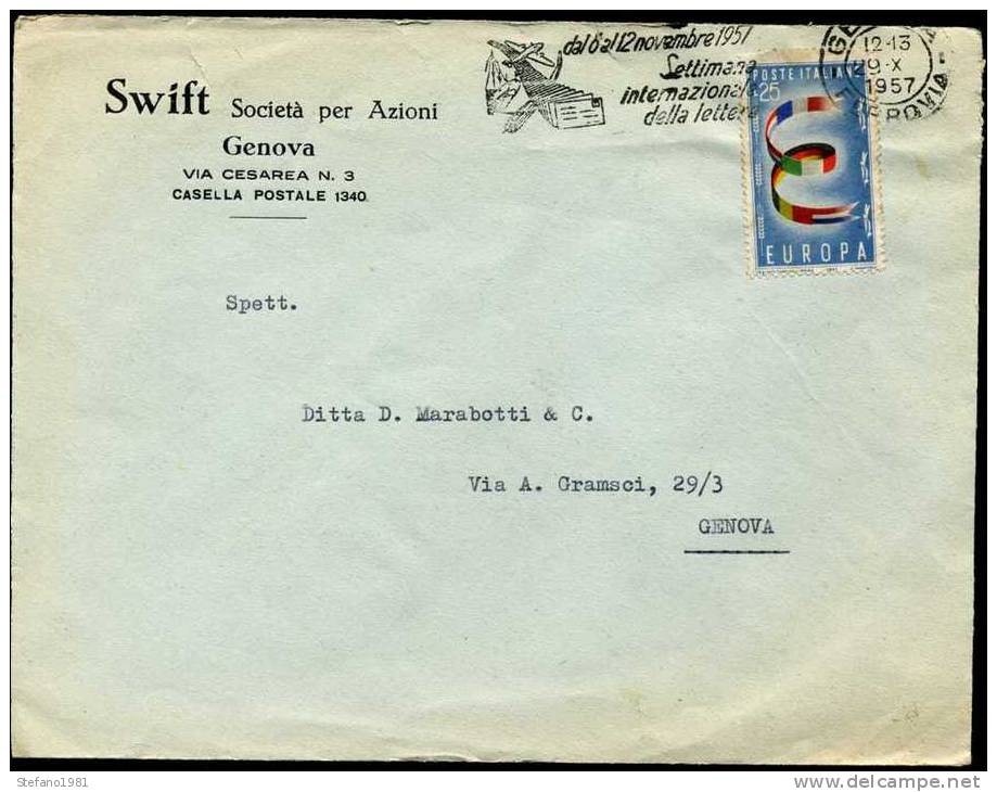 Lettera 29-10-1957 Da Genova Con Europa Cept 25 Lire E Annullo Meccanico - 1946-60: Marcophilie