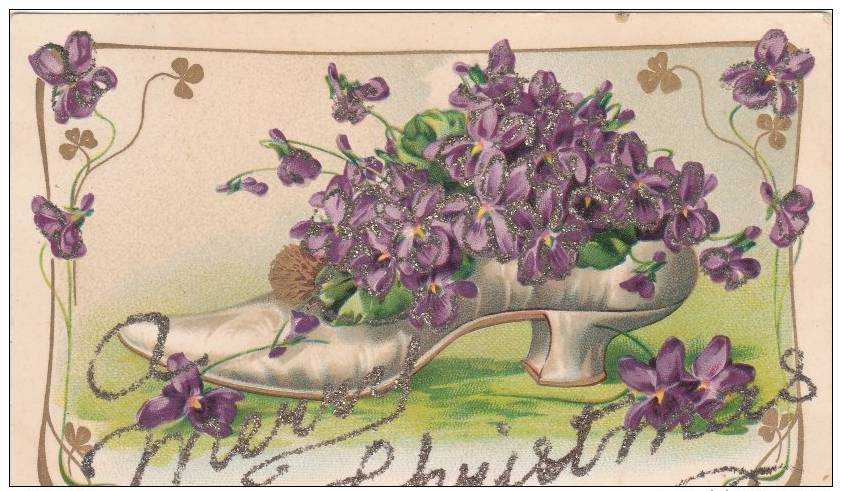 SHOE FULL OF FORGET ME NOTS MERRY CHRISTMAS WITH GLITTER APPLIED (GRE1253) - Autres & Non Classés