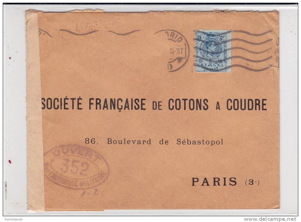 ESPAGNE - 1915 - ENVELOPPE COMMERCIALE Avec CENSURE FRANCAISE De MADRID Pour PARIS - Storia Postale