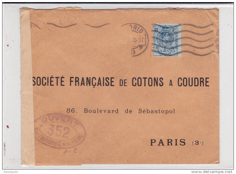 ESPAGNE - 1915 - ENVELOPPE COMMERCIALE Avec CENSURE FRANCAISE De MADRID Pour PARIS - Covers & Documents