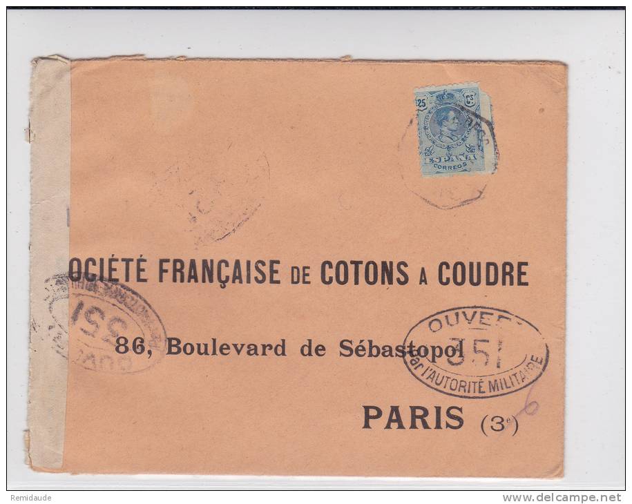 ESPAGNE - 1915 - ENVELOPPE COMMERCIALE Avec CENSURE FRANCAISE Pour PARIS - Briefe U. Dokumente