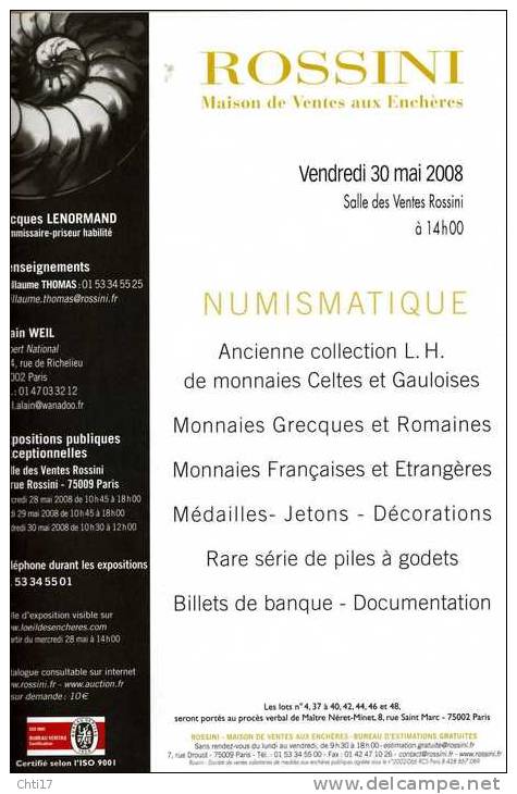 CATALOGUE VENTES NUMISMATIQUE  ROSSINI MONNAIES ANTIQUES CELTES GAULOISES FRANCAISES ETRANGERES AVEC COTE 2008 - Other - Europe