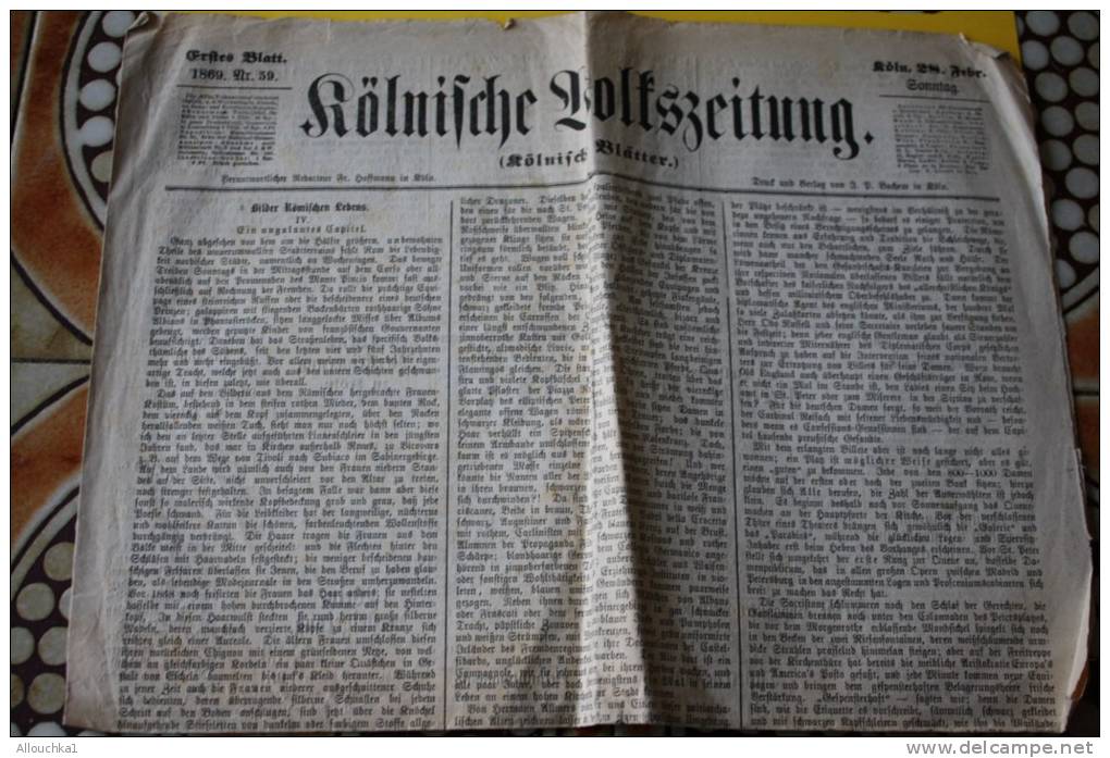 1869 ROLNIFCHE BOTFSZEITUNG>> KOHLN 28 FEBR. DEUTSCHE REICH  ALLEMAGNE GERMANY QUOTIDIEN - Sonstige & Ohne Zuordnung