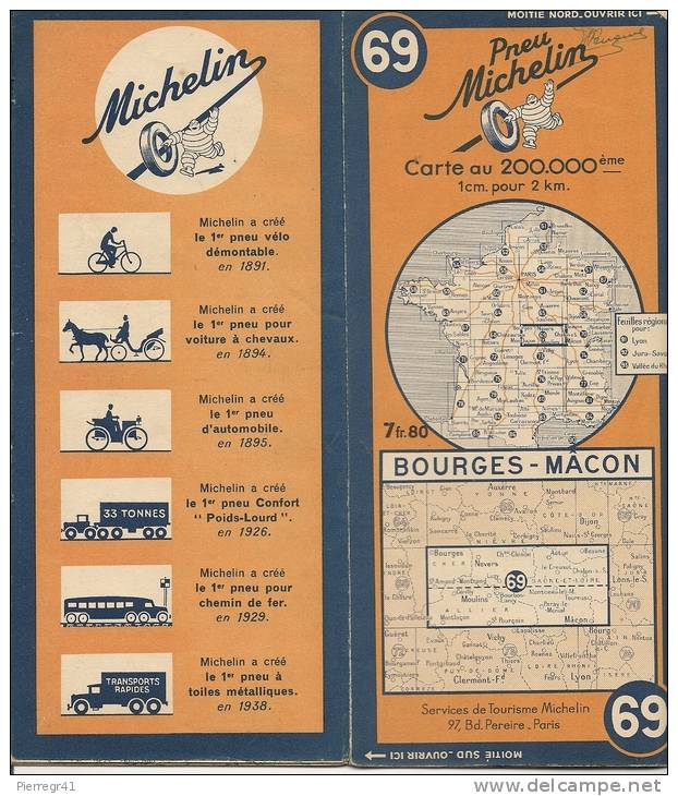 CARTE-ROUTIERE-MICHELIN-1     942-2-N  69--BOURGES-MACON-PA S  DECHIREE-TBE - Cartes Routières