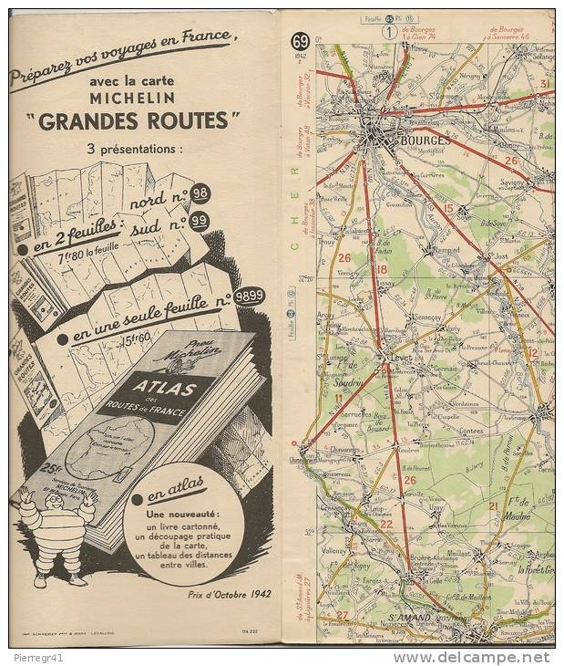 CARTE-ROUTIERE-MICHELIN-1     942-2-N  69--BOURGES-MACON-PA S  DECHIREE-TBE - Cartes Routières