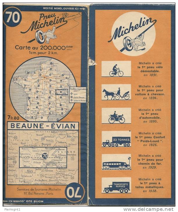 CARTE-ROUTIERE-MICHELIN-1     943-N° 70-BEAUNE-EVIAN-PA S  DECHIREE-TBE - Carte Stradali