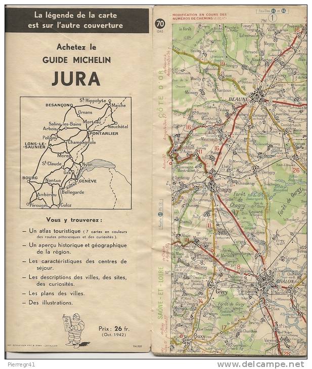 CARTE-ROUTIERE-MICHELIN-1     943-N° 70-BEAUNE-EVIAN-PA S  DECHIREE-TBE - Carte Stradali