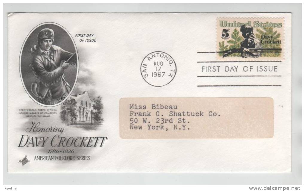 USA FDC 17-8-1967 Davy Crockett With Art Craft Cachet - 1961-1970