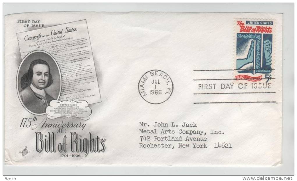 USA FDC 1-7-1966 Bill Of  Rights With Art Craft Cachet (the Flap On The Backside Of The Cover Is Missing) - 1961-1970