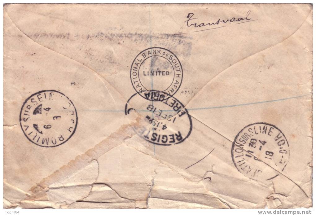 AFRIQUE DU SUD-PRETORIA-LETTRE RECOMMANDEE DU 15-2-1918 - LETTRE POUR LA FRANCE-VERSO DIVERS CACHETS.DECHIRURES D'OUVERT - Sonstige & Ohne Zuordnung