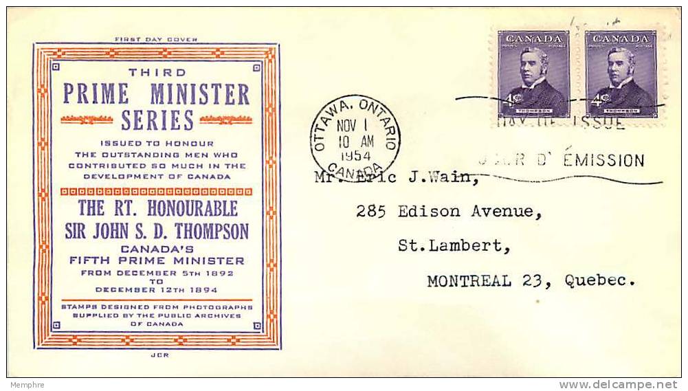 1954 Prime Ministers Third Series  Thompson JCR  Cachet  Sc 349 X 2 - 1952-1960