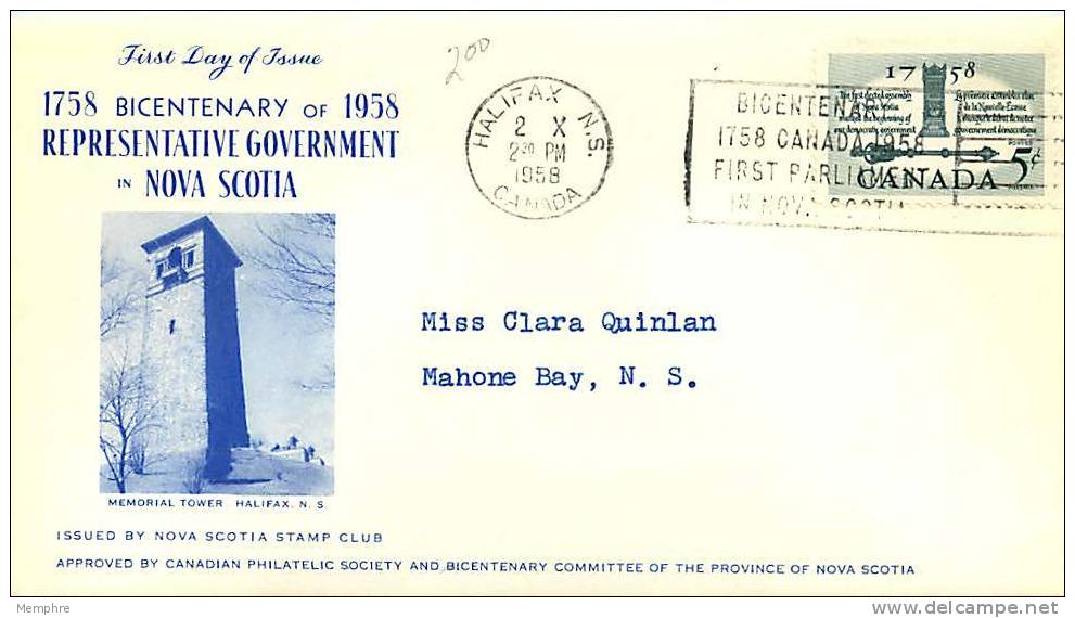 1958  First Elected Assembly In Canada Nova Scotia Stamp Club  Cachet   Sc 382 - 1952-1960