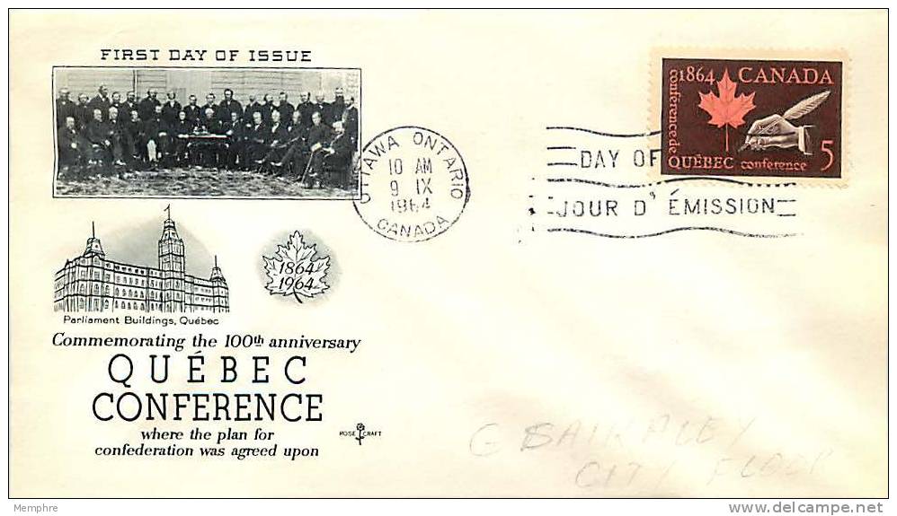 1964  Quebec Conference Rose Craft Cachet       Sc 432 - 1961-1970