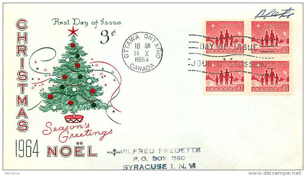 1964 Christmas 3&cent; Block Of 4  Craft Cachet       Sc 434 - 1961-1970