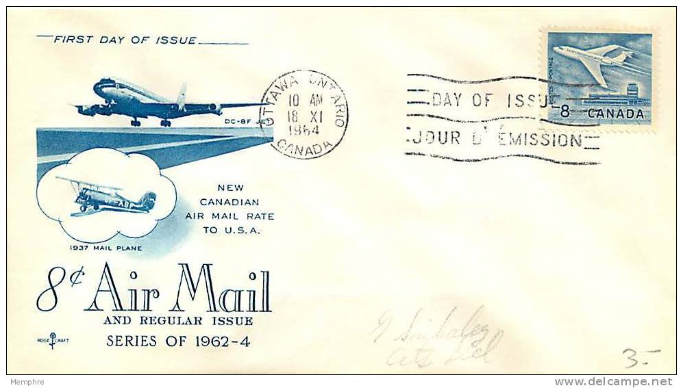 1964 Plane Over Ottawa Airport  8&cent;  Rose Cachet       Sc 436 - 1961-1970