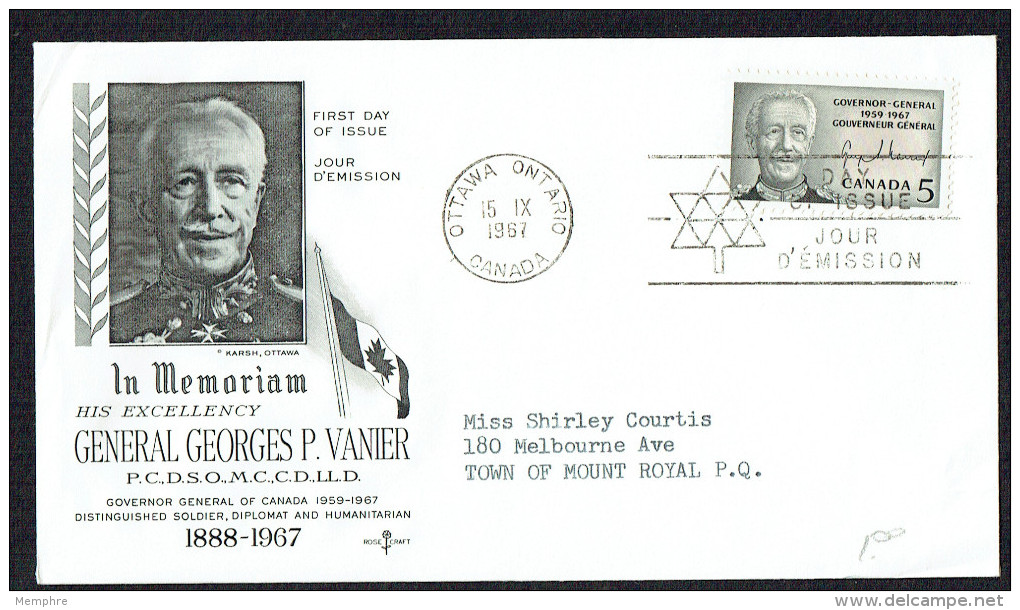 1967  Georges Vanier Governor General  Rose Craft Cachet   Sc 474 - 1961-1970