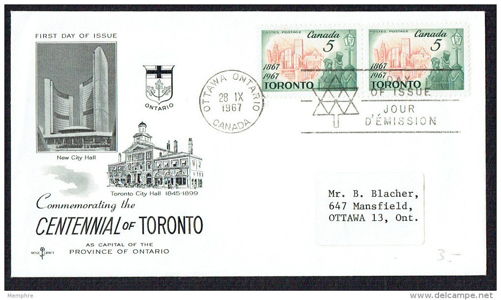 1967  Toronto Centennial   Rose Craft Cachet   Sc 475 - 1961-1970