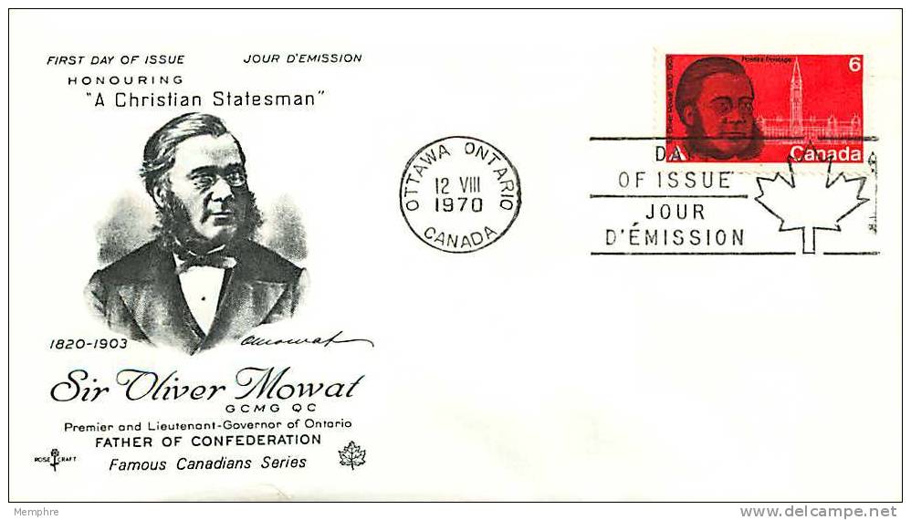 1970  Oliver Mowat, Father Of Confederation  Rose Craft Cachet   Sc 517 - 1961-1970