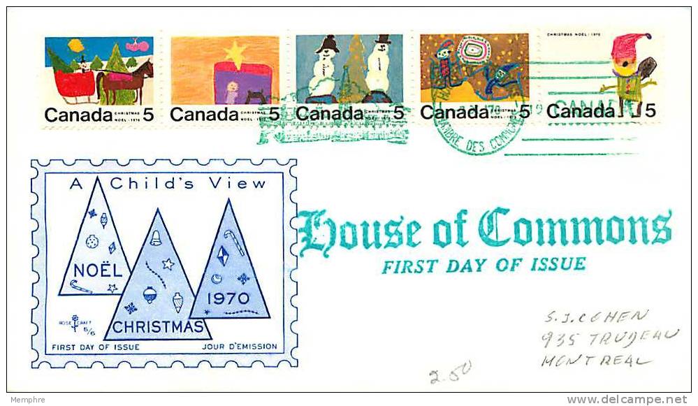 1970  Christmas, Stip Of 5 5&cent; House Of Commons First Day Cancel  Sc 523a - 1961-1970