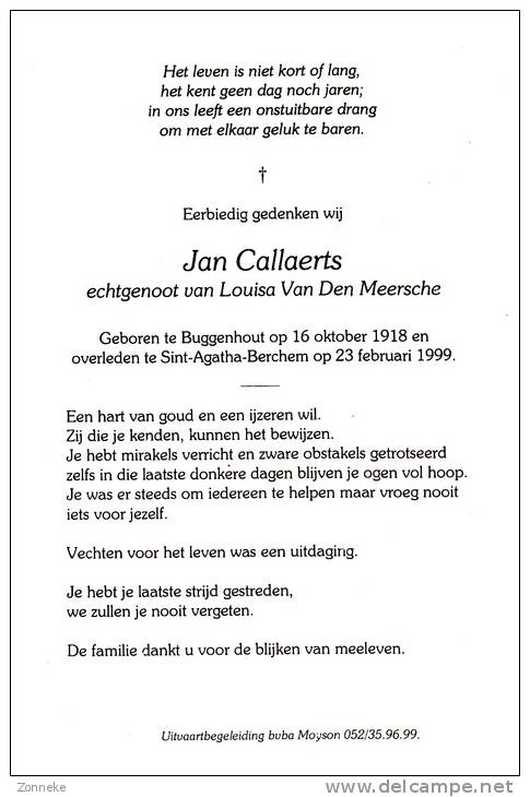 Doodsprentje Jan Callaerts, Geboren Buggenhout, Overleden St. Agatha Berchem - Devotion Images