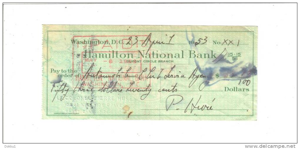 Chèque De 33, 70 $ - Hamilton National Bank, Pour Auto Club Service Agency, Inc. émis Le 23/04/1953, Payé Le 06/05/1953 - Unclassified