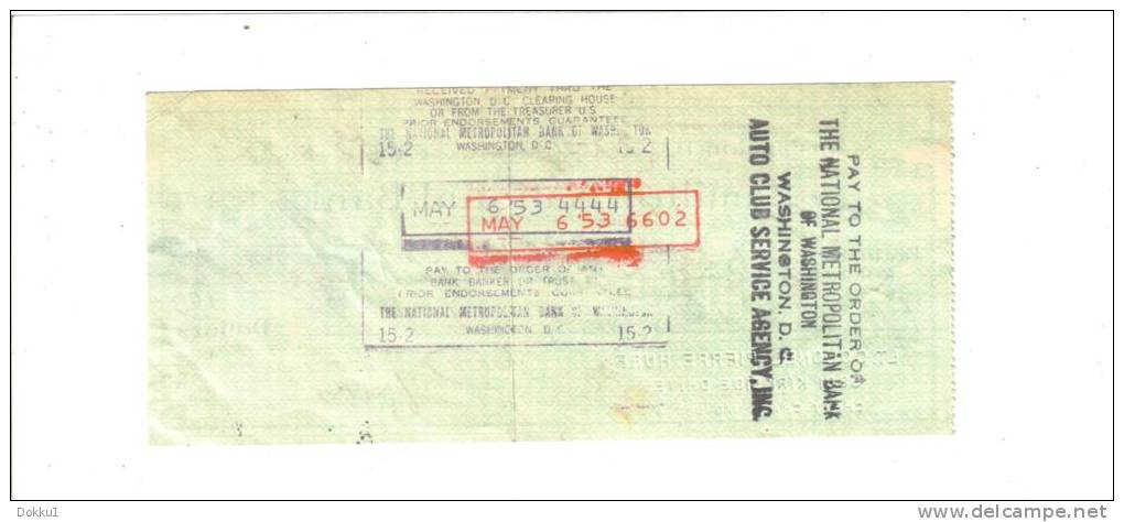 Chèque De 33, 70 $ - Hamilton National Bank, Pour Auto Club Service Agency, Inc. émis Le 23/04/1953, Payé Le 06/05/1953 - Ohne Zuordnung