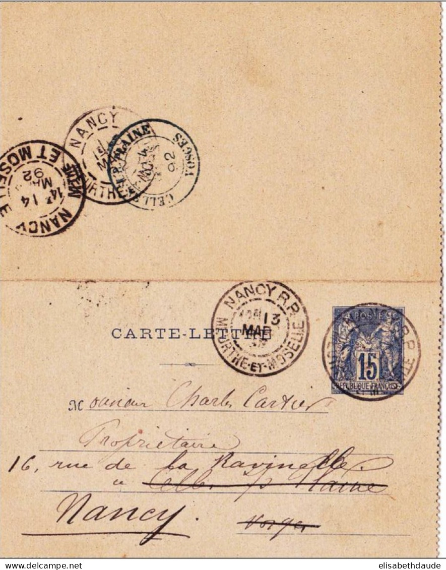SAGE - 1892 - ENTIER CARTE LETTRE 110X70 De NANCY Pour CELLES REEXPEDIEE à NANCY - Cartes-lettres