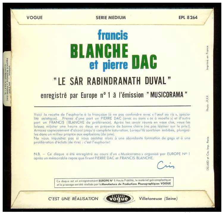 EP 45T FRANCIS BLANCHE ET PIERRE DAC     LE SÂR RABINDRANATH DUVAL  VOGUE 1964  Tres Bon Etat    AVEC LANGUETTE - Humor, Cabaret