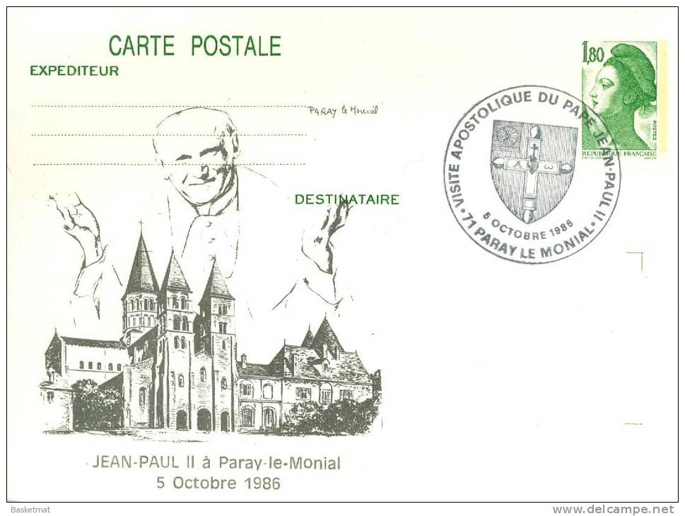 FRANCE ENTIER POSTAL CACHET JEAN PAUL II EN VISITE A PARAY LE MONIAL 71 EN 1986 - Christianisme