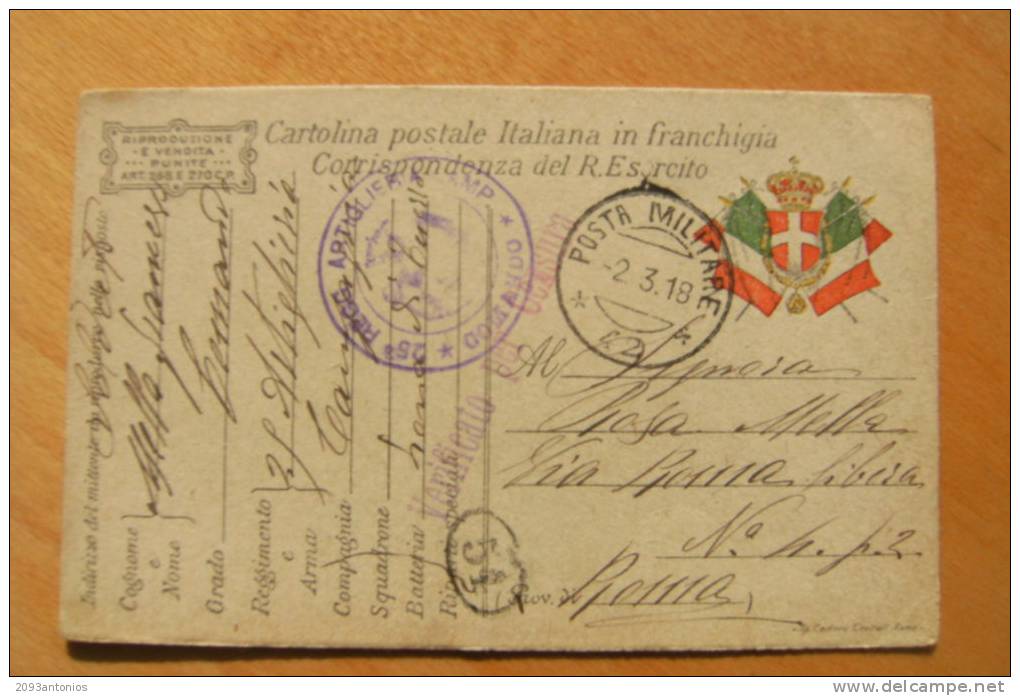 CARTOLINA POSTALE  IN FRANCHIGIA  -  STEMMA BANDIERE   I GUERRA   VIAGGIATA  2.3.1918   (7101) - Franchise