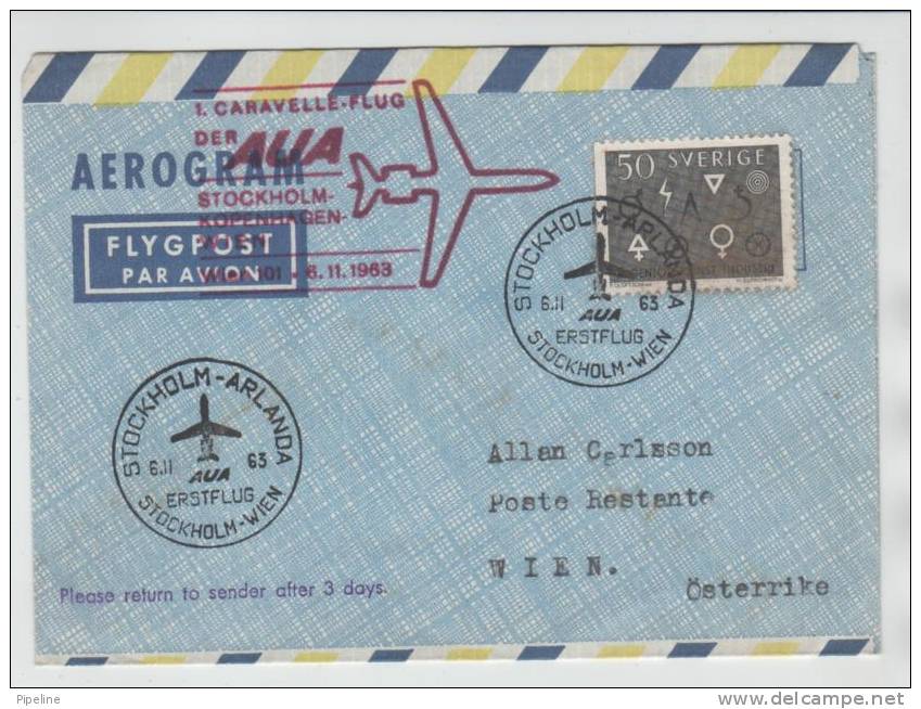 Sweden Aerogramme First AAU Caravelle Jet  Flight Stockholm - Wien 6-11-1963 - Brieven En Documenten