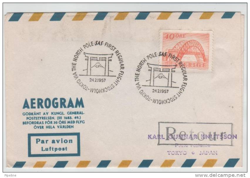 Sweden Aerogramme First SAS DC-7C Flight Stockholm - Tokyo Via The North Pole 24-2-1957 - Lettres & Documents