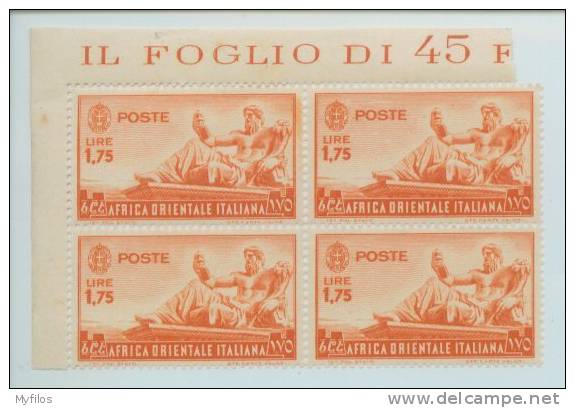 1938 AFRICA ORIENTALE ITALIANA   £ 1,75  IN QUARTINA SASSONE N° 14 ** MNH - Italian Eastern Africa