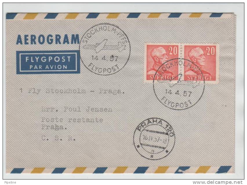 Sweden Aerogramme First SAS DC-6 Flight Stockholm - Praha 14-4-1957 - Lettres & Documents