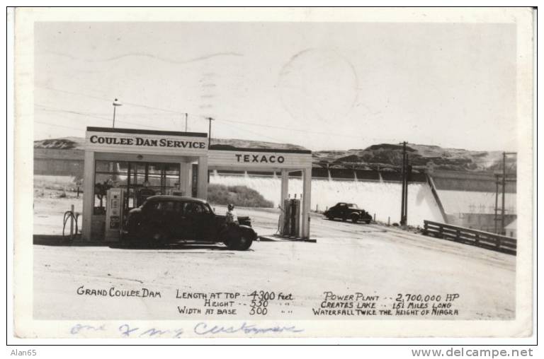 Service Station, Grand Coulee Dam WA, Gas Pumps Auto, C1940s Vintage Real Photo Postcard - American Roadside