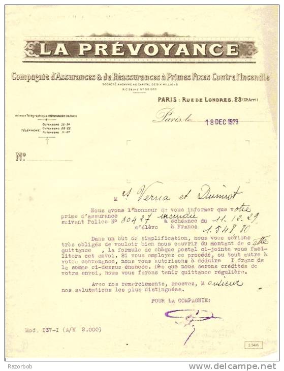 Fact12  La Prévoyance Paris 1929  Assurances - Agriculture